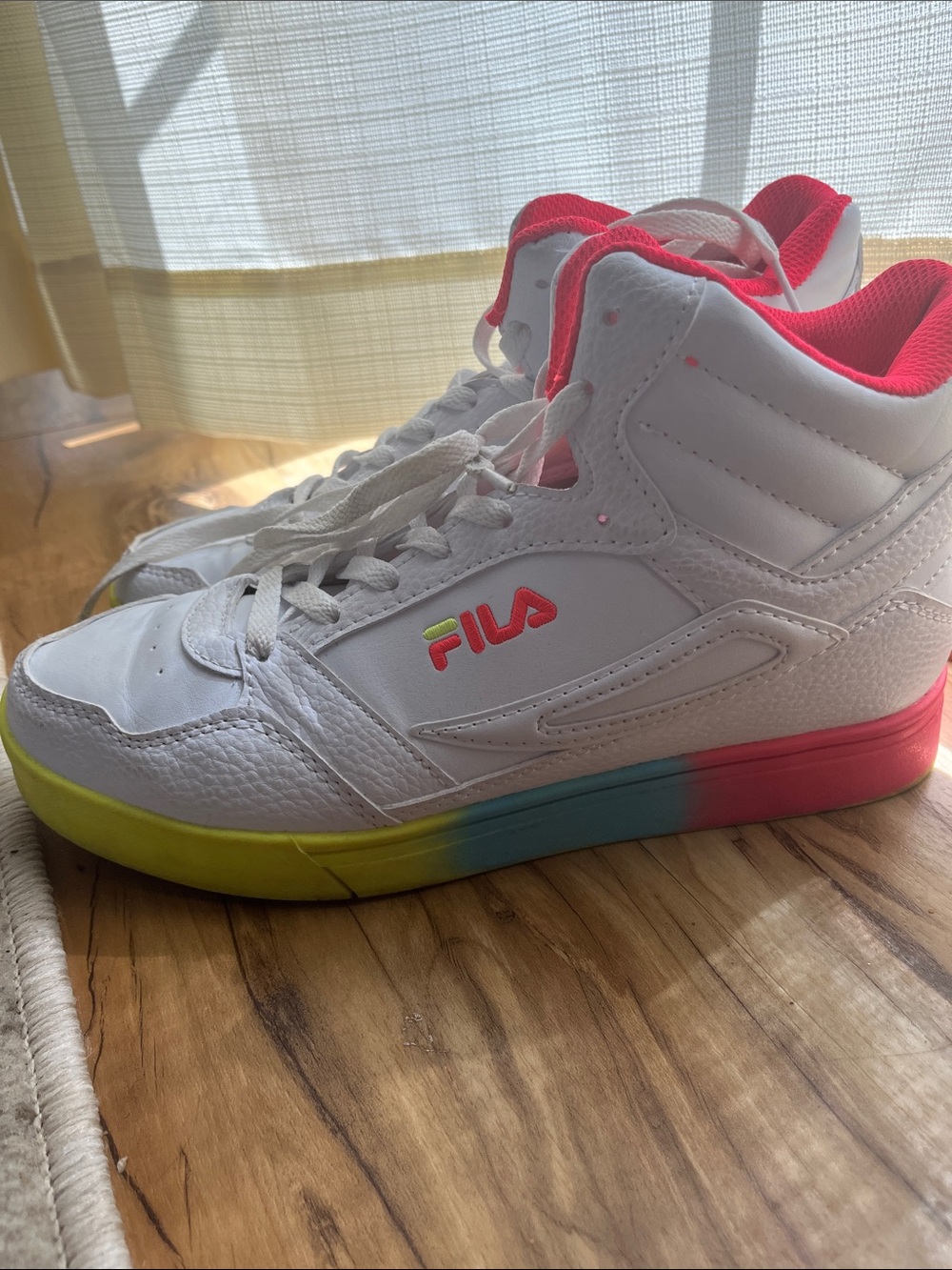 Fila White High-Top Sneakers with Pink Lining and Multicolor Midsole